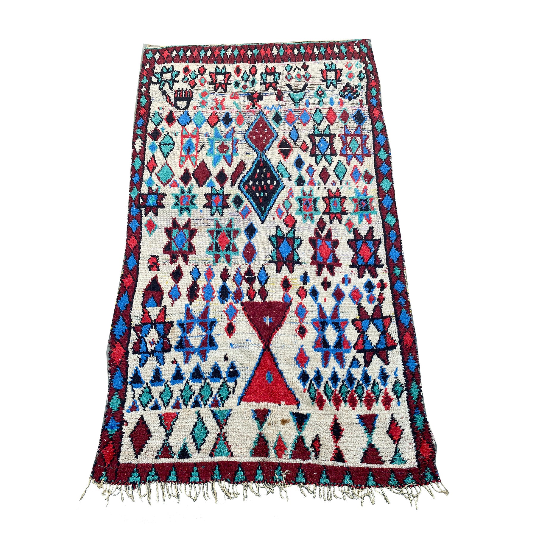 White Moroccan entryway rug with blue and red tribal motifs - Kantara | Moroccan Rugs