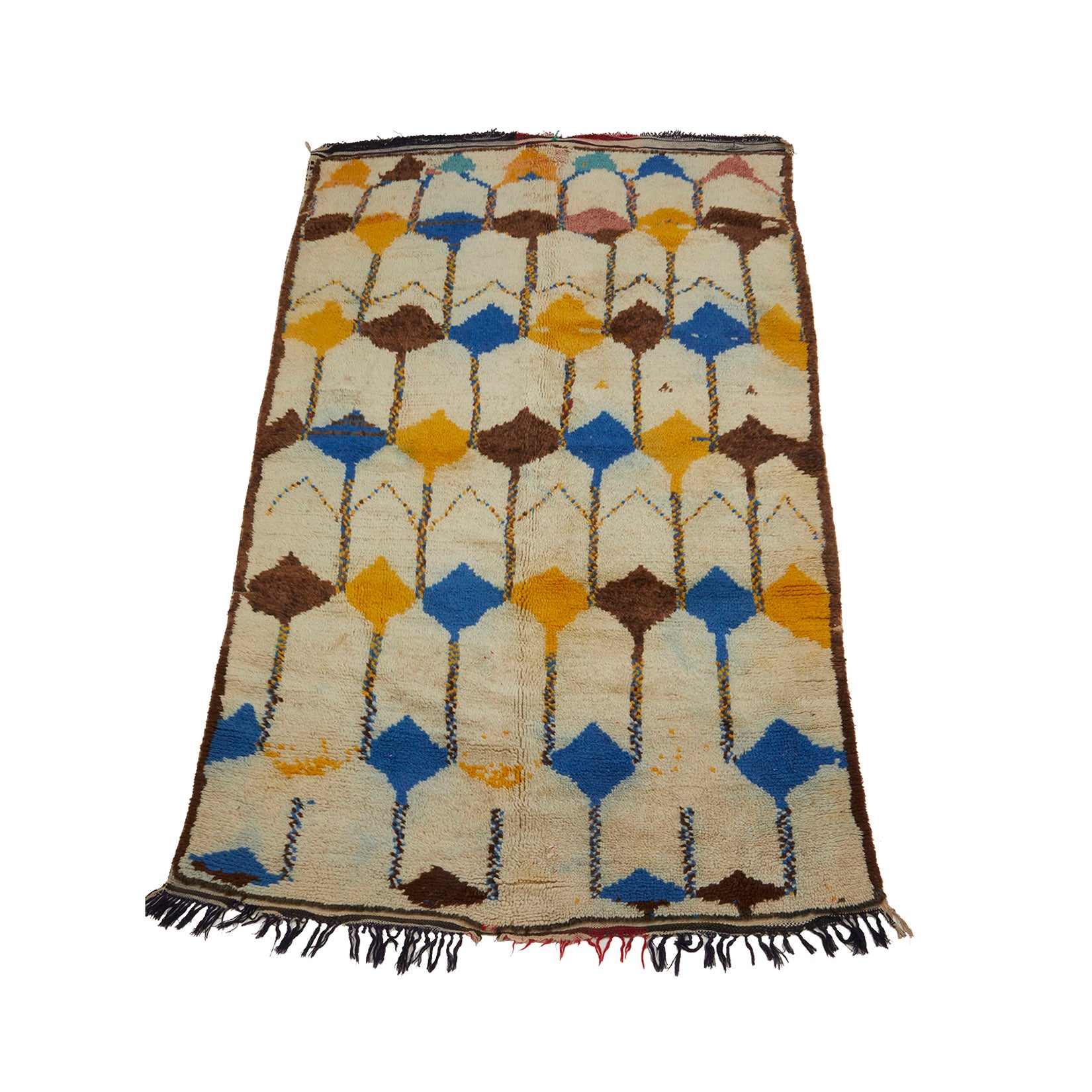 Vintage off white Moroccan berber carpet with blue, yellow, and brown details - Kantara | Moroccan Rugs
