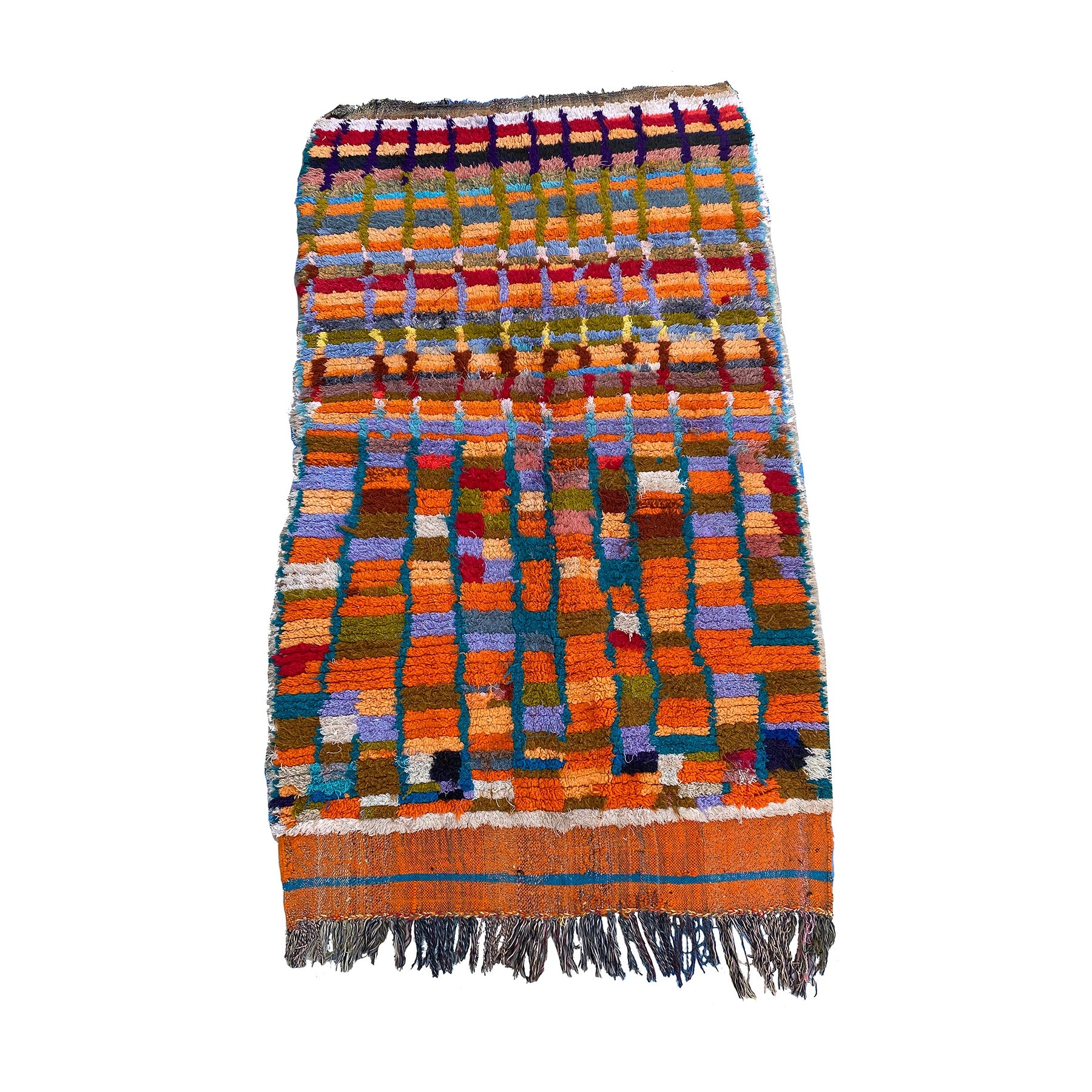 Colorful Moroccan Azilal rug in orange, teal, army green, and yellow - Kantara | Moroccan Rugs