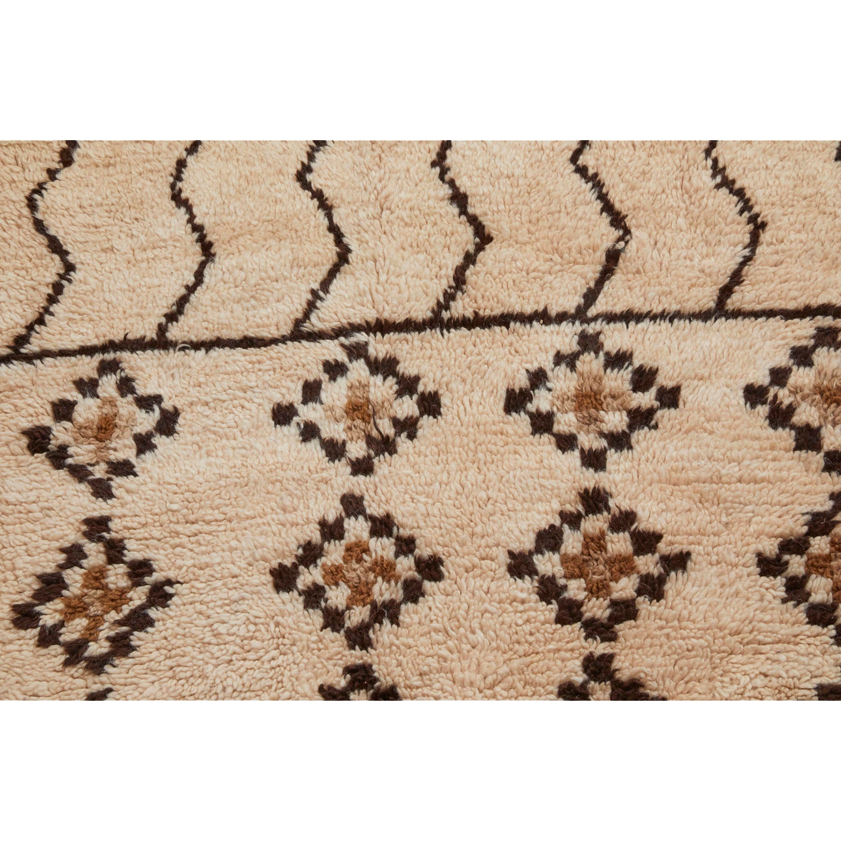 Cream colored Moroccan Azilal rug with tribal motifs in brown - Kantara | Moroccan Rugs