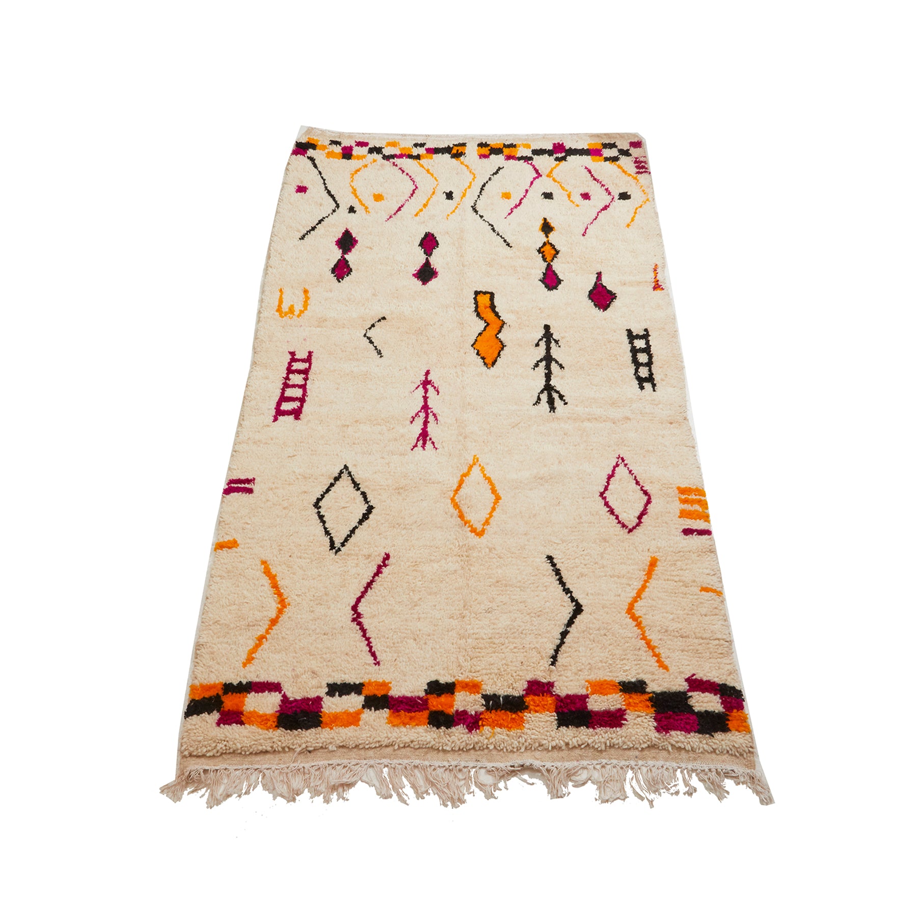 White Moroccan Azilal rug with tribal motifs in pink and orange - Kantara | Moroccan Rugs