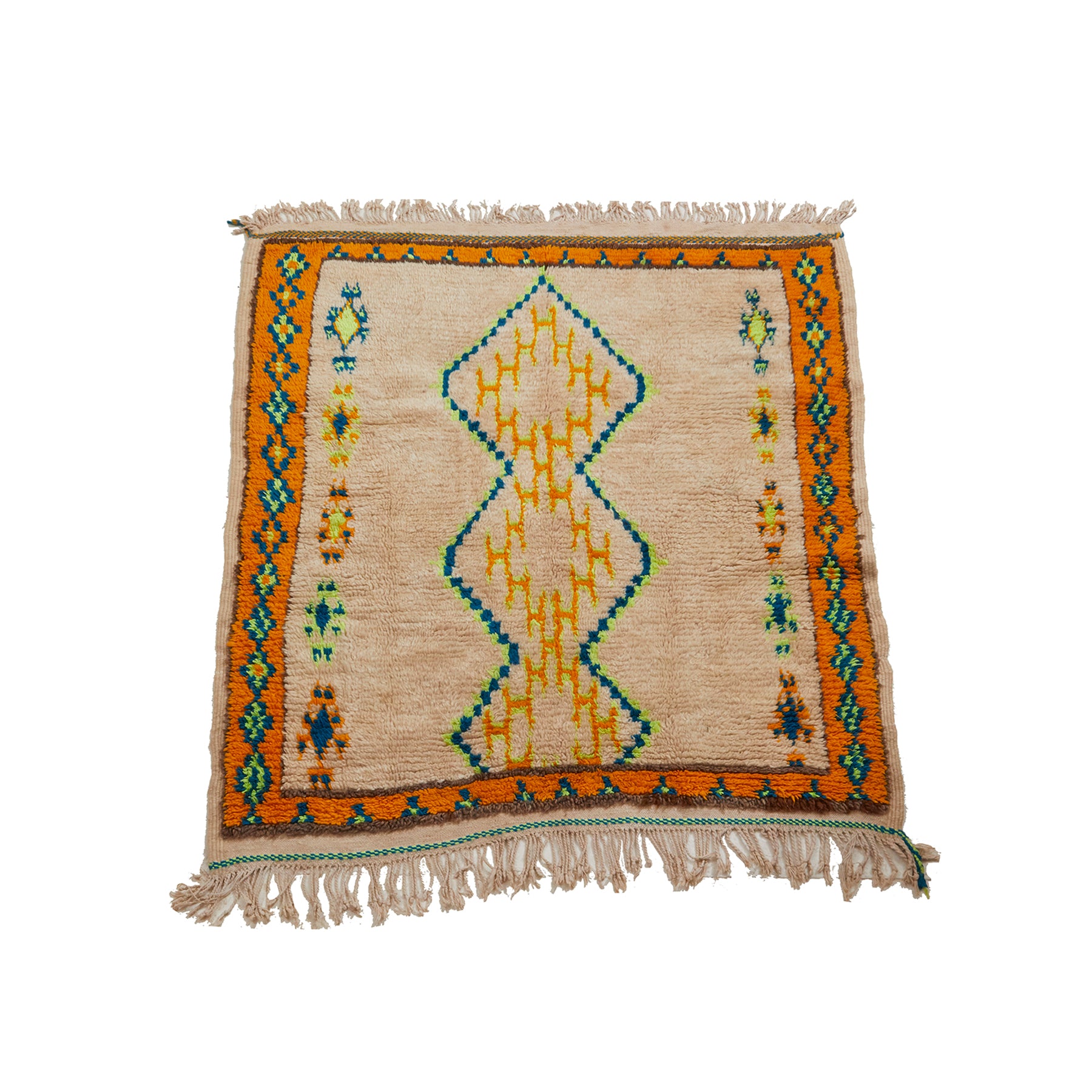 White geometric Moroccan Azilal throw rug with colorful details - Kantara | Moroccan Rugs