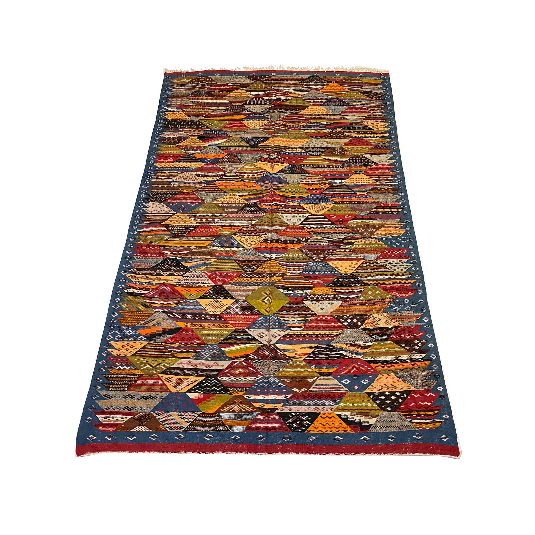 Kharita style Moroccan rug in warm colors with blue border - Kantara | Moroccan Rugs