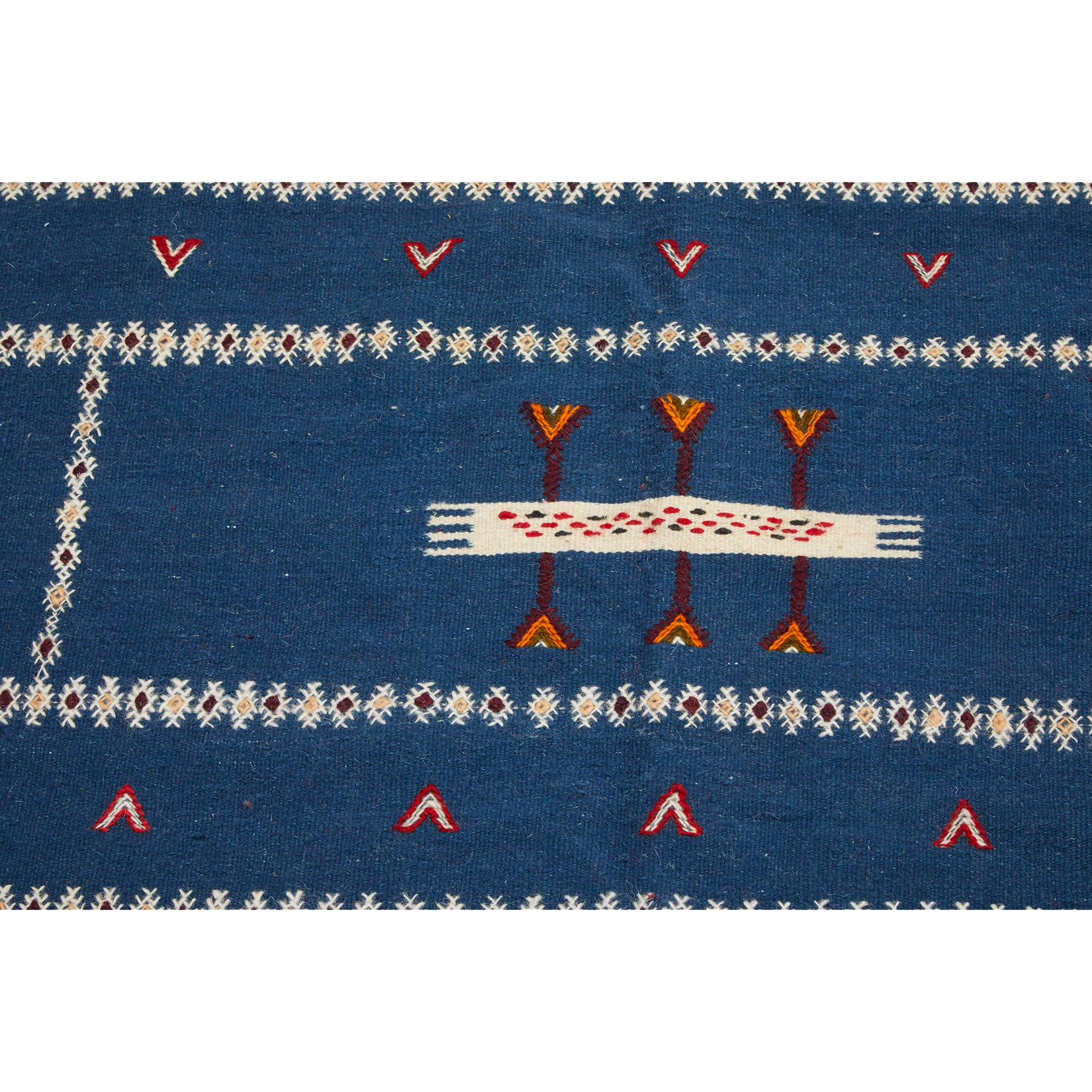 Medium sized blue Moroccan flatweave kilim with colorful details - Kantara | Moroccan Rugs