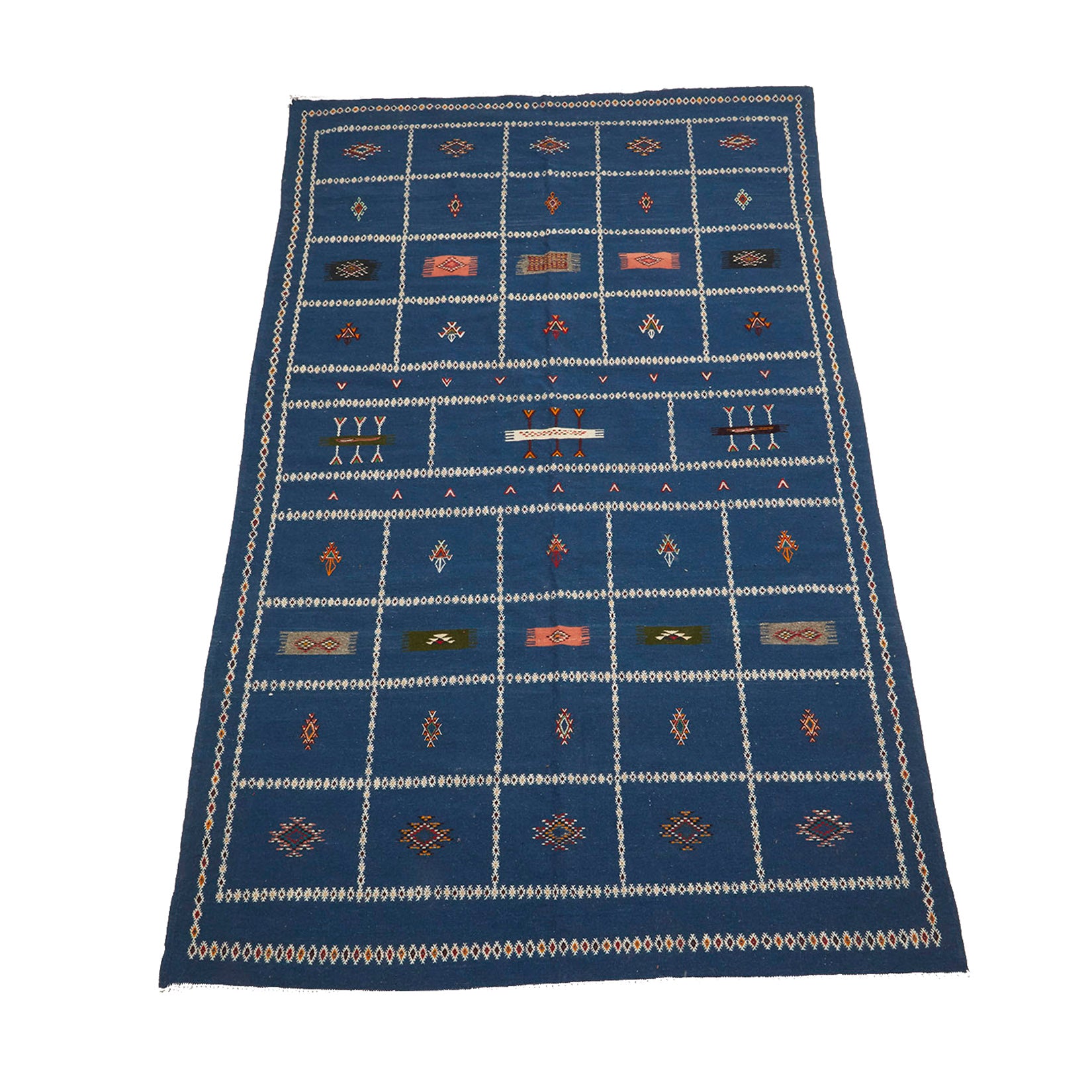 Blue Moroccan flatweave kilim rug with embroidered details - Kantara | Moroccan Rugs