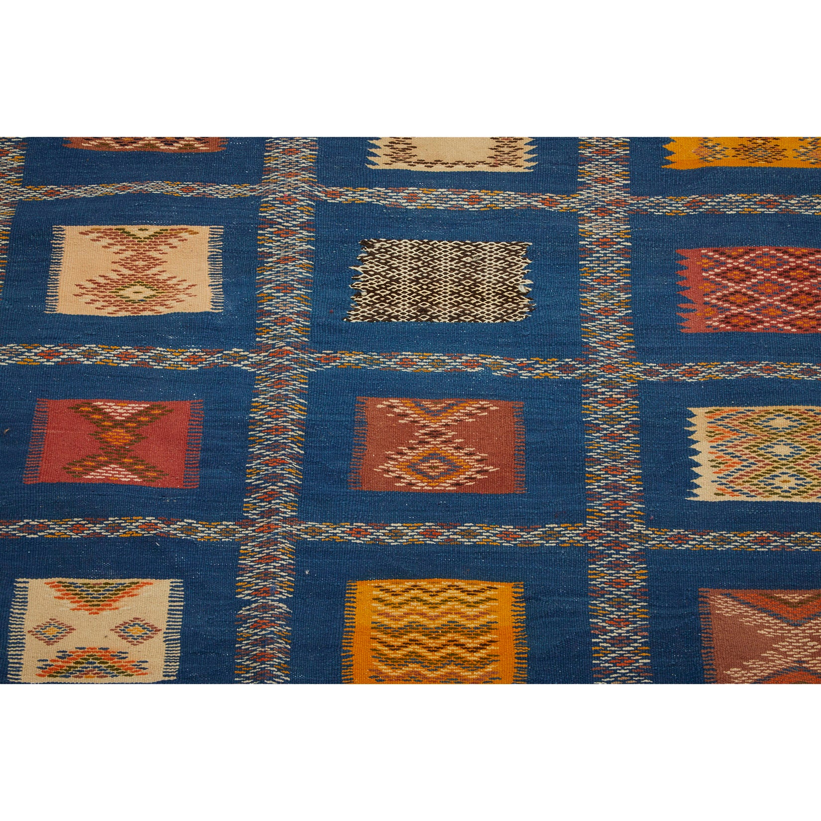 Classic tribal blue colorful Moroccan flat woven kilim rug - Kantara | Moroccan Rugs
