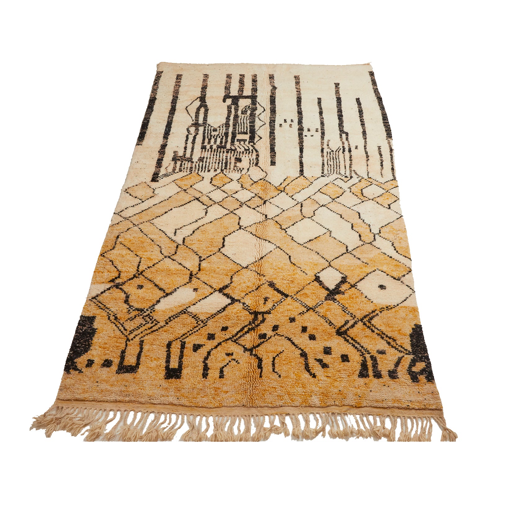Cream colored Moroccan berber carpet with yellow goldenrod details - Kantara | Moroccan Rug