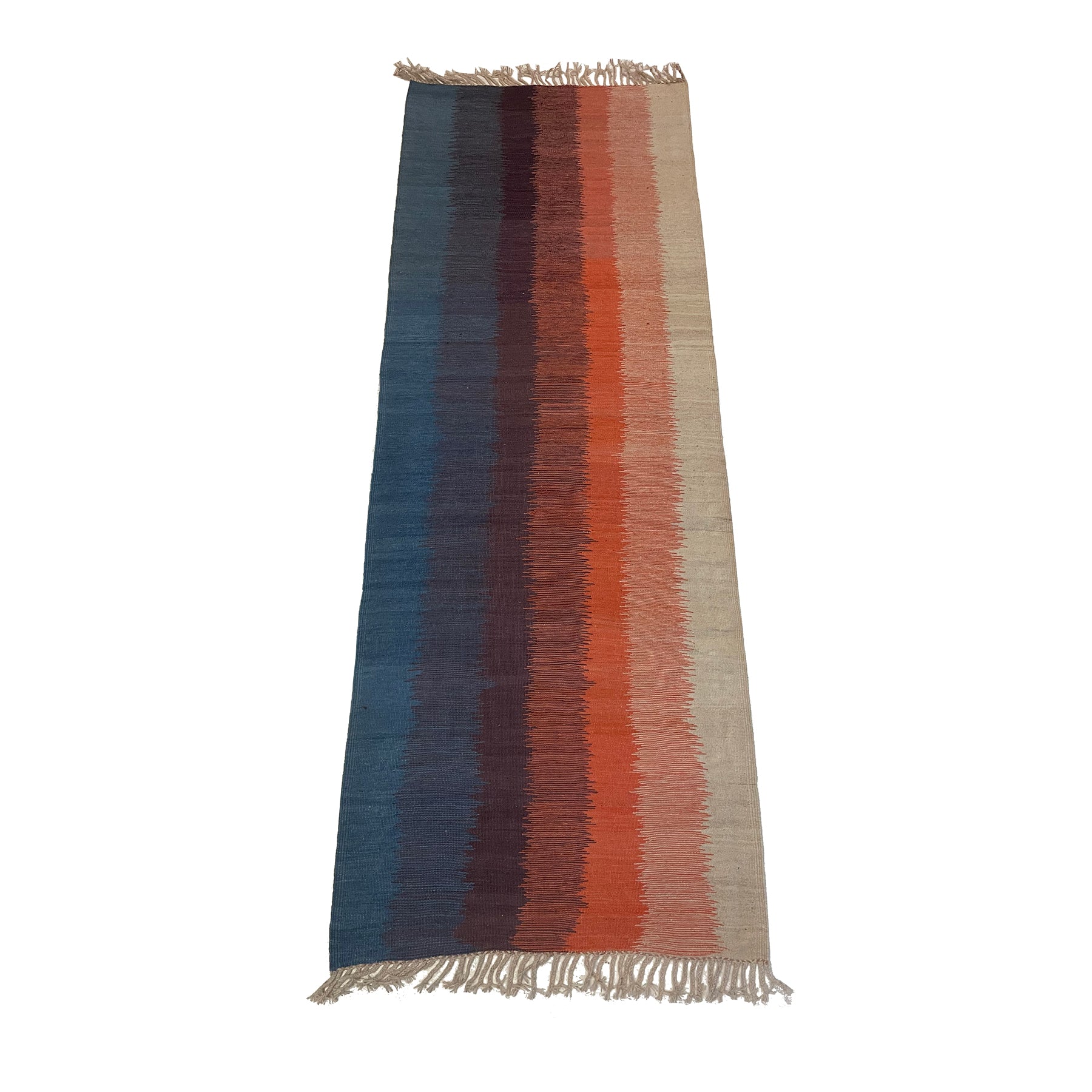 Blue purple orange and cream vertical bands of color on this flatweave Moroccan kilim
