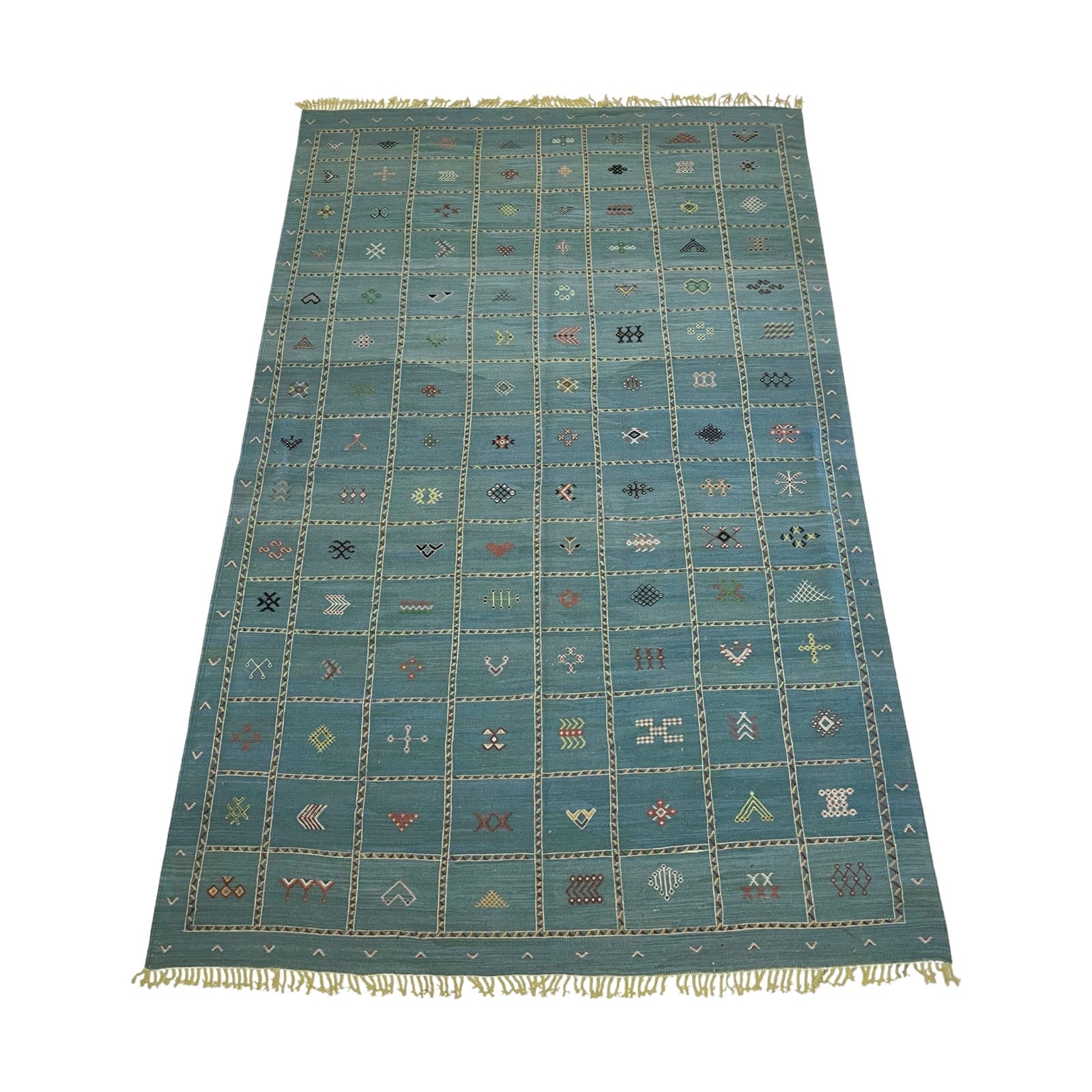 Faded blue Moroccan flatweave kilim with tribal motifs - Kantara | Moroccan Rugs