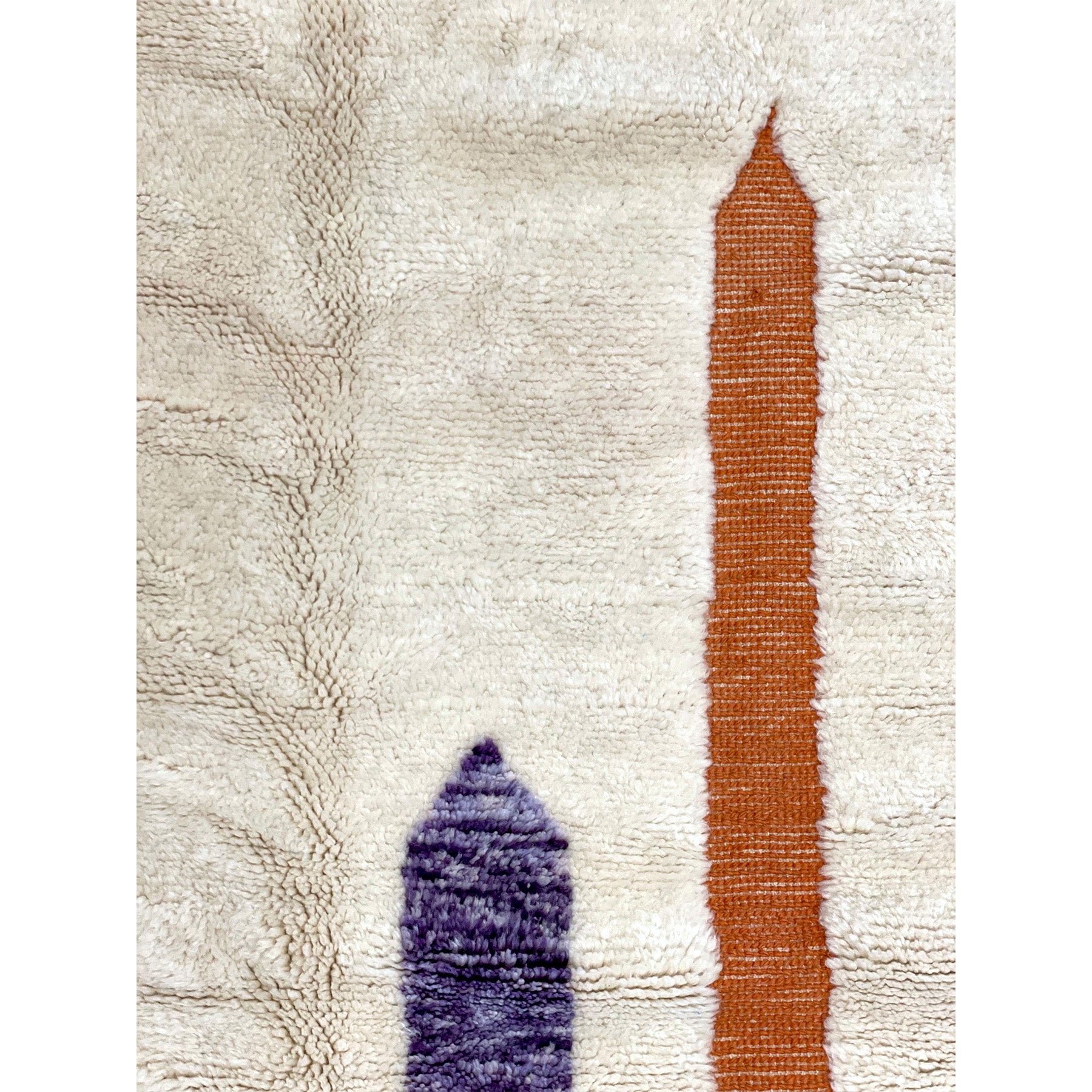 Contemporary handwoven Moroccan area rug in white with orange and purple details - Kantara | Moroccan Rugs