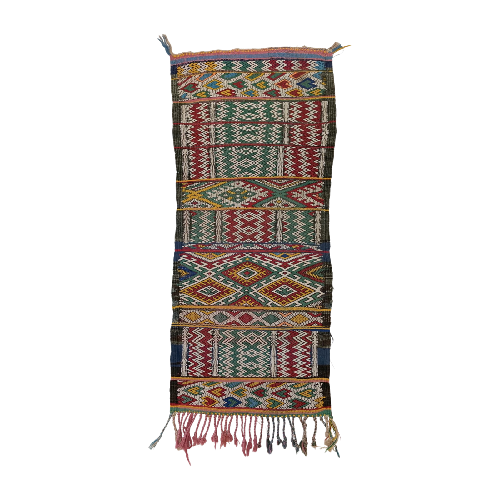 Vintage flatwoven Moroccan kilim in red, yellow, and green - Kantara | Moroccan Rugs