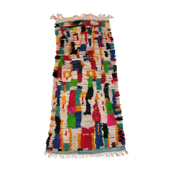 White colorful Moroccan boucherouite rug - Kantara | Moroccan Rugs