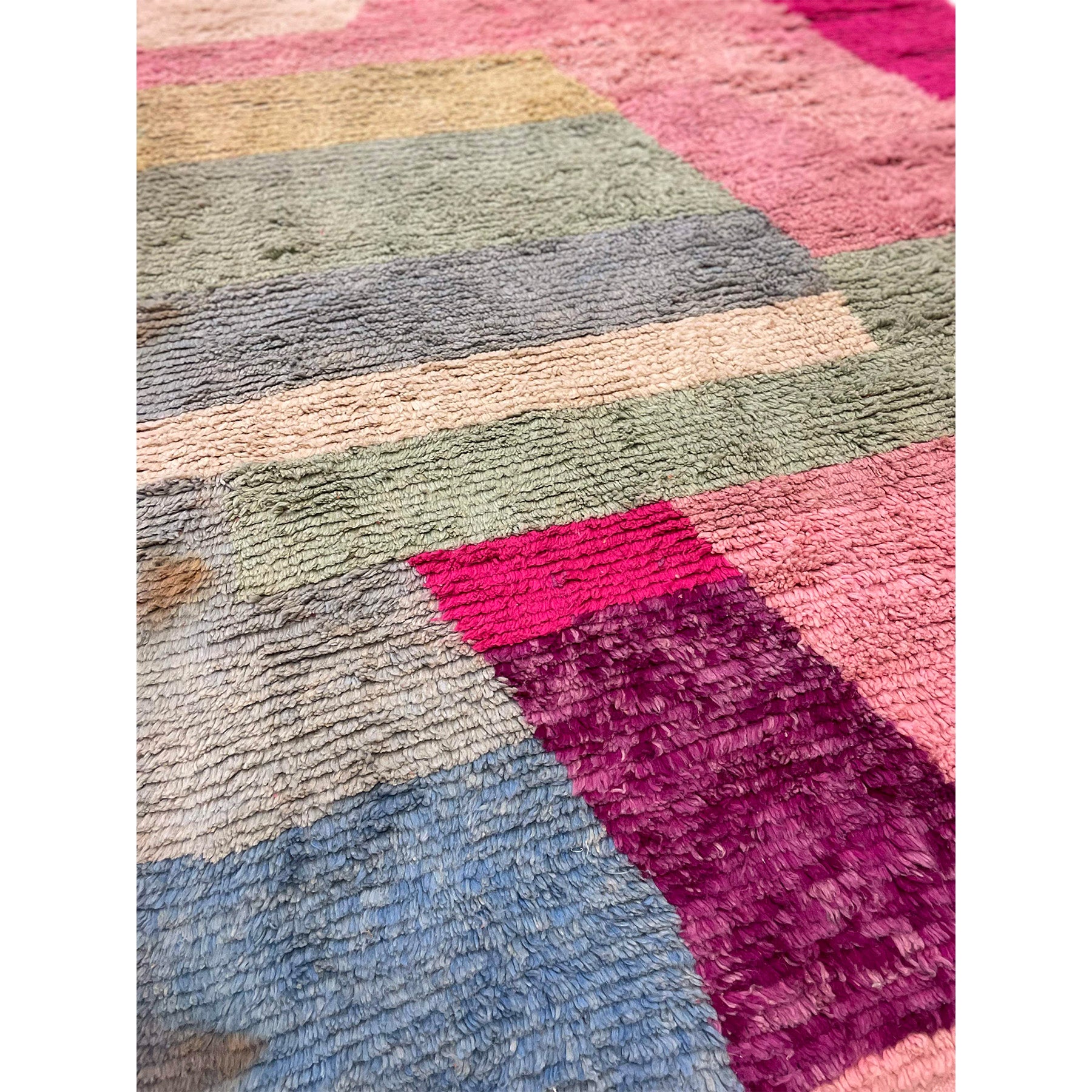 Boho chic Moroccan area rug in pink, purple, green, and blue - Kantara | Moroccan Rugs