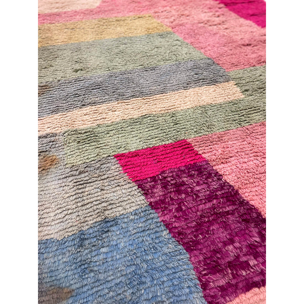 Boho chic Moroccan area rug in pink, purple, green, and blue - Kantara | Moroccan Rugs