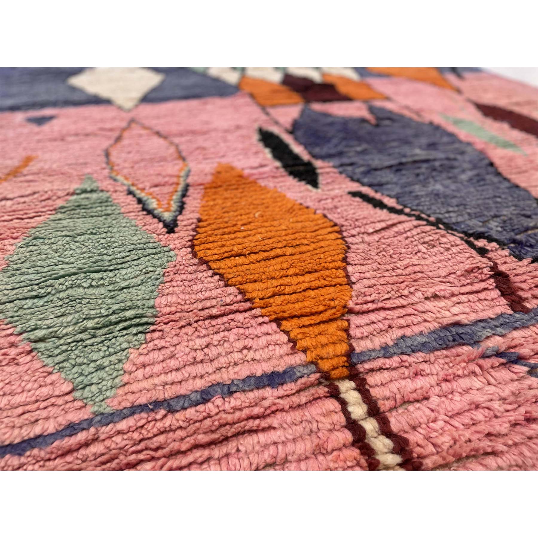 Pink Moroccan rug with seafoam green, orange, and purple diamond motifs - Kantara | Moroccan Rugs