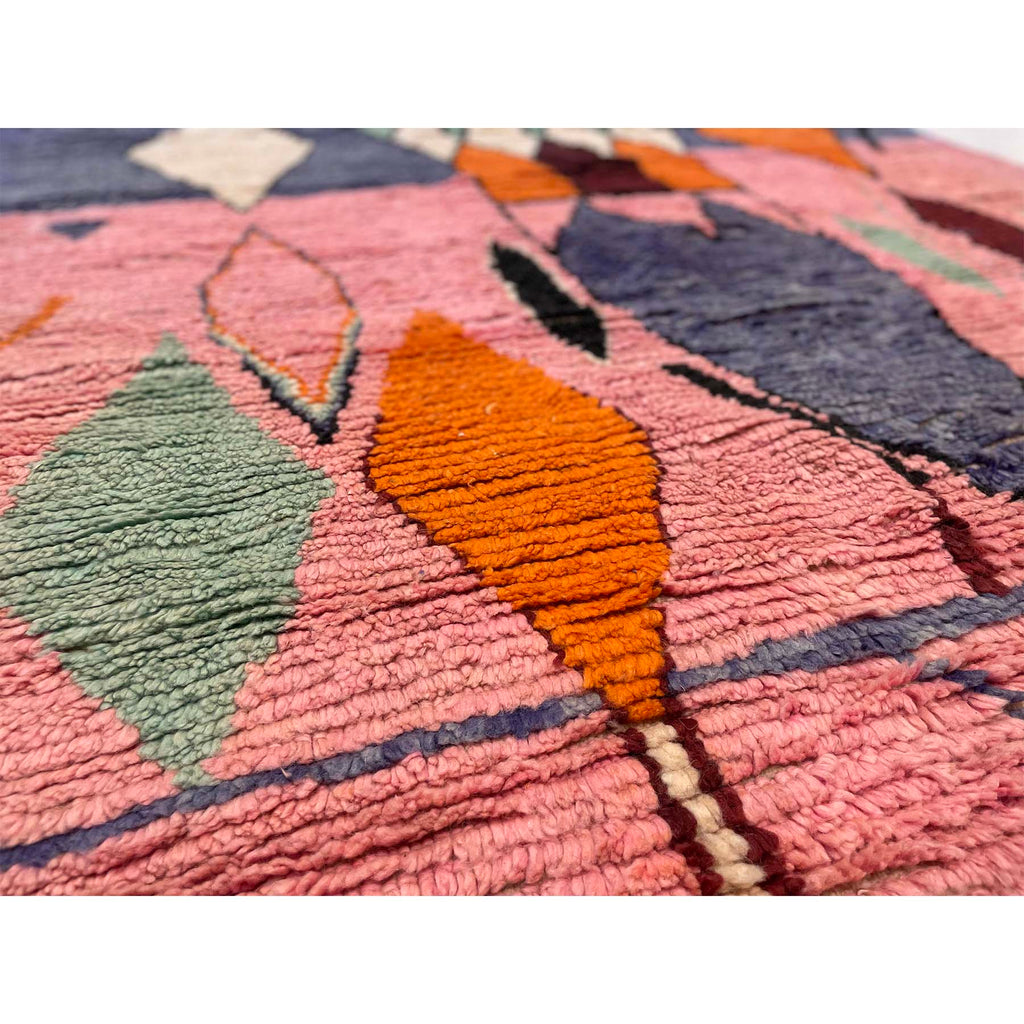 Pink Moroccan rug with seafoam green, orange, and purple diamond motifs - Kantara | Moroccan Rugs