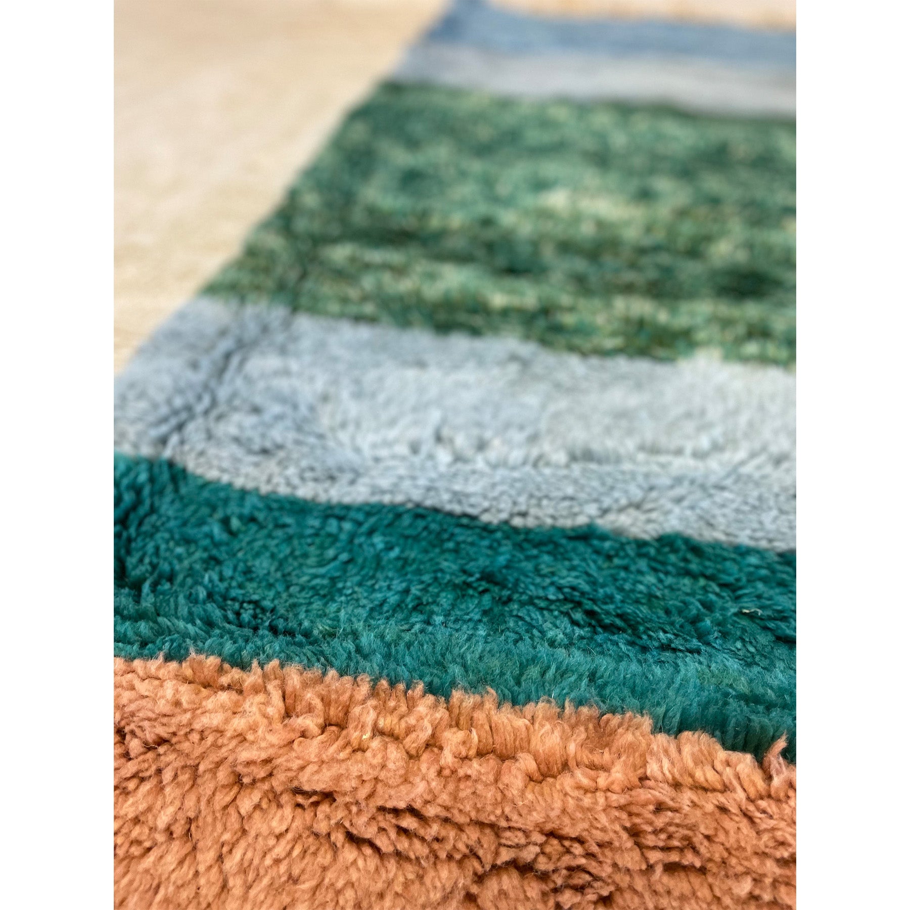 Plush Moroccan berber rug in salmon, seafoam green, and sky blue - Kantara | Moroccan Rugs