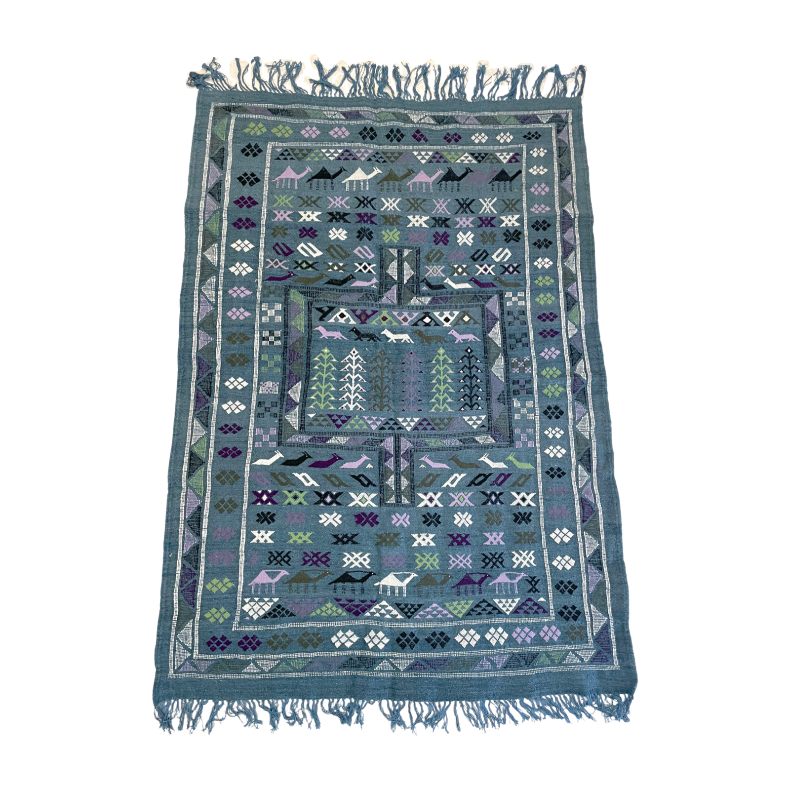 blue grey Moroccan flatweave kilim with woven animal details in purple, white and lime green | Kantara Moroccan Rugs in Los Angeles