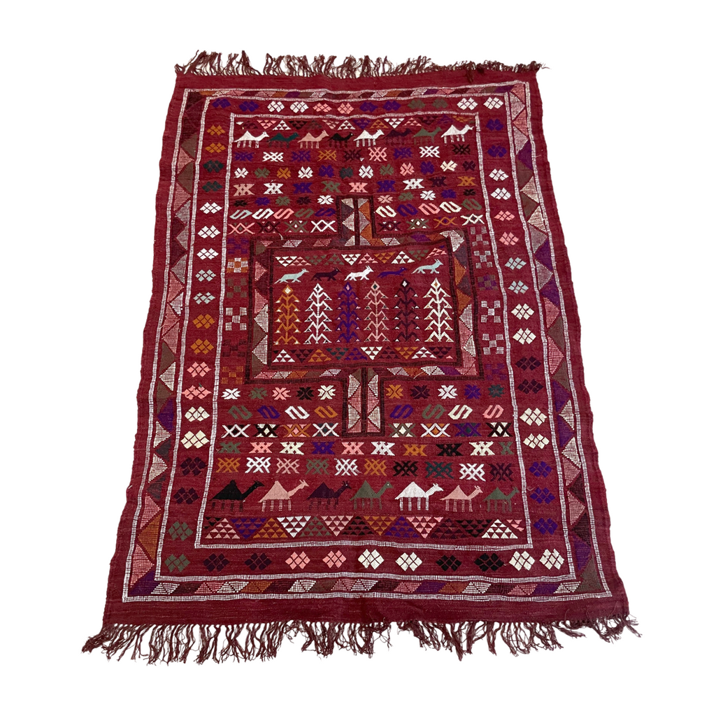 Traditional Moroccan Boujad flatweave with red color and colorful contemporary woven details  | Kantara Moroccan Rugs in Los Angeles 
