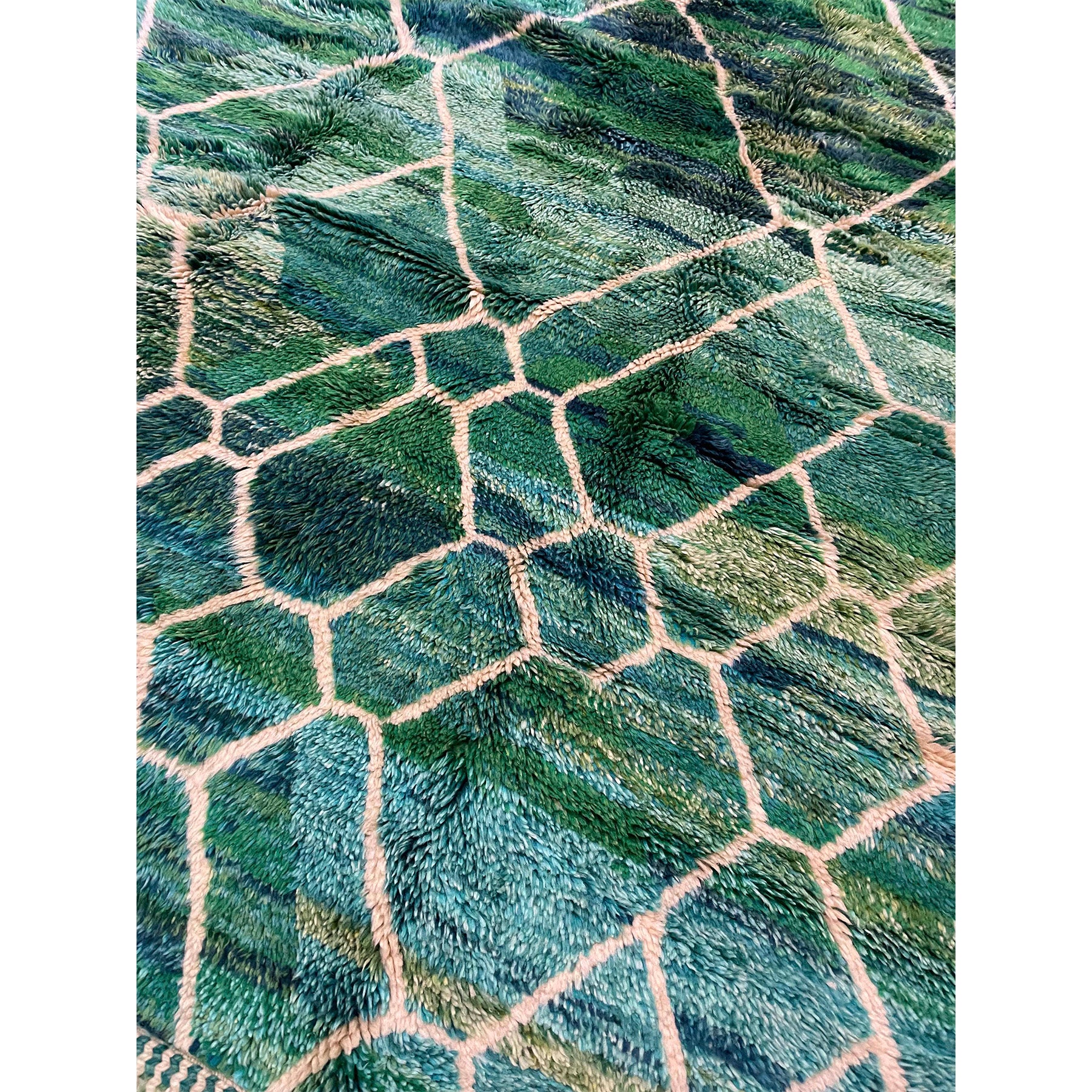 Green and blue Moroccan Beni rug with honeycomb design in white lines  | Kantara Moroccan Rugs in Los Angeles at The Rug Shop