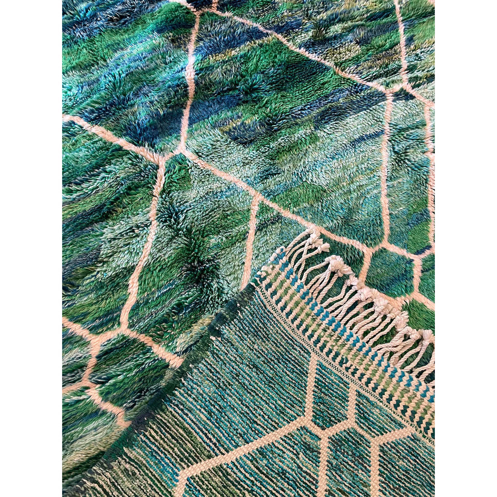 Traditional Moroccan 5x8 large sized Moroccan rug with corner flipped up and woven border detail with fringe  | Kantara Moroccan Rugs in Los Angeles at The Rug Shop