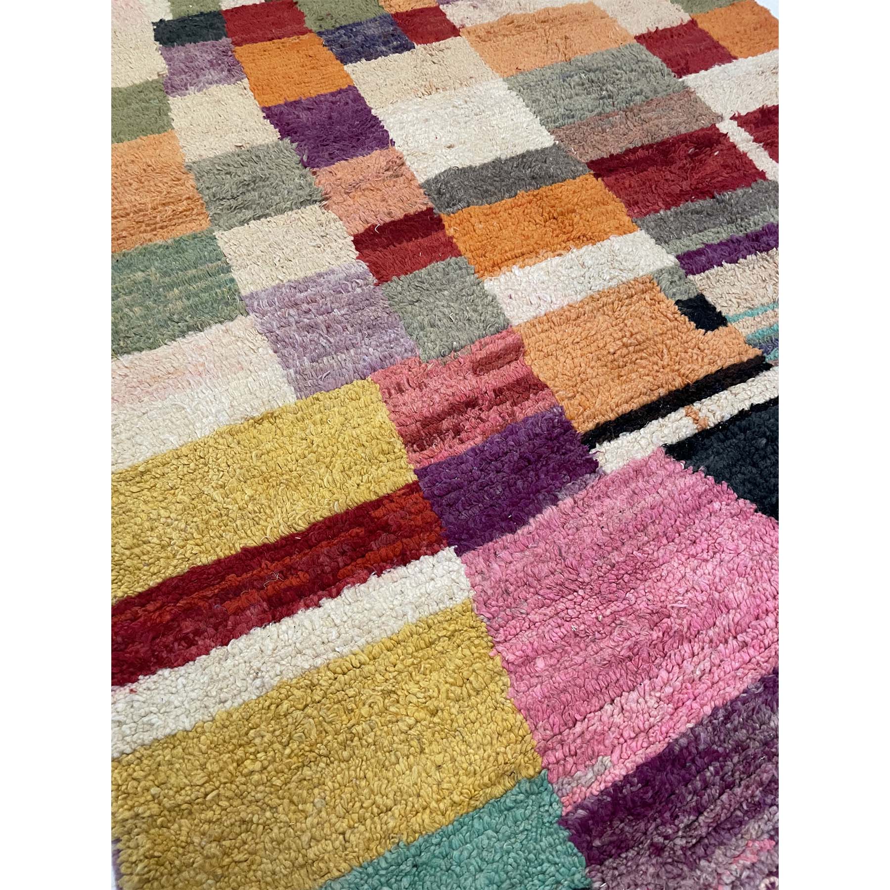Colorblock Moroccan rug in orange, pink, yellow, purple, peach, pumpkin, maroon, white, and gray - Kantara | Moroccan Rugs