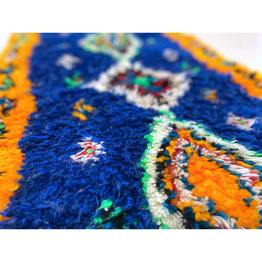Yellow and cobalt blue Moroccan boucherouite runner - Kantara | Moroccan Rugs
