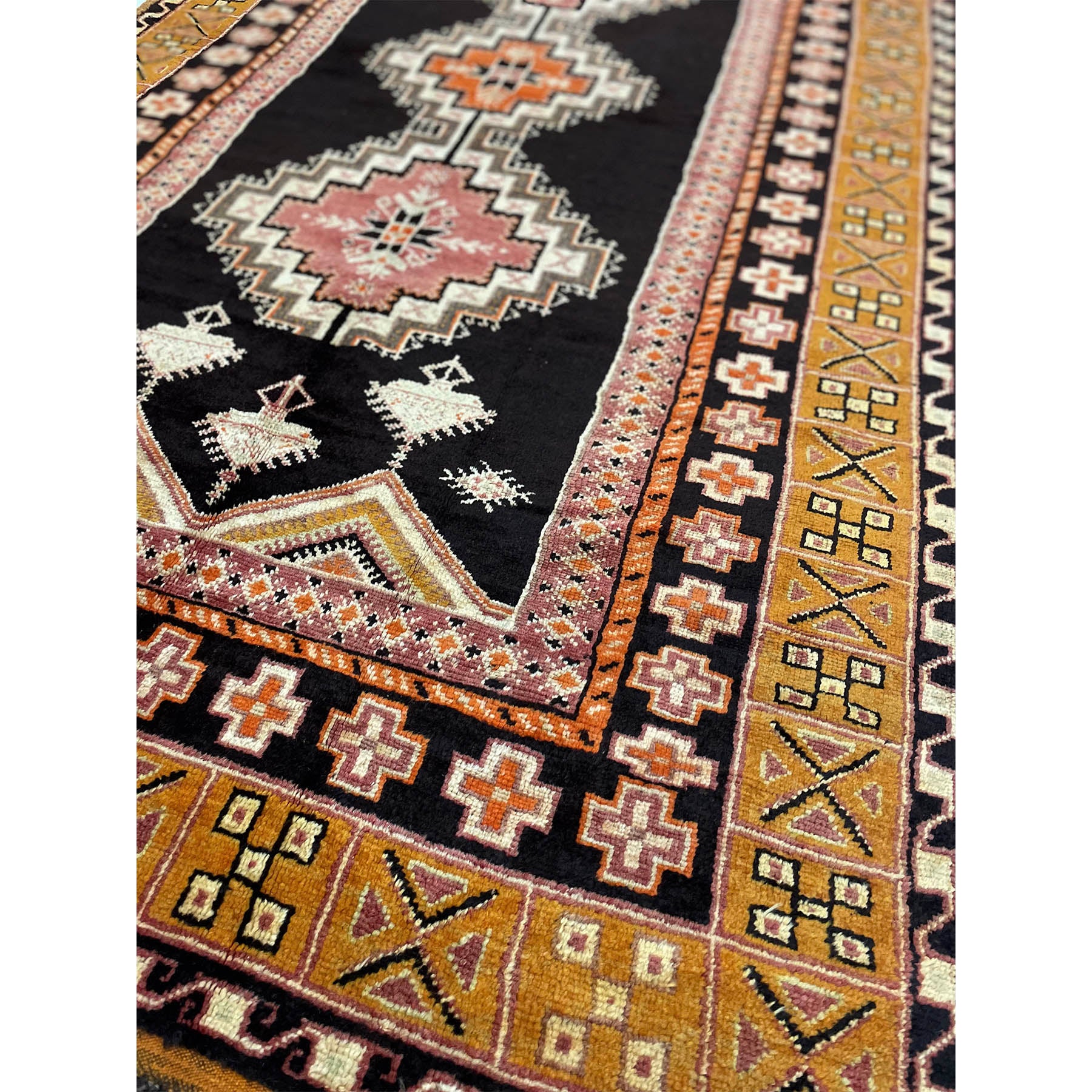 One of a kind Moroccan rug in orange, yellow, black, and rose - Kantara | Moroccan Rugs