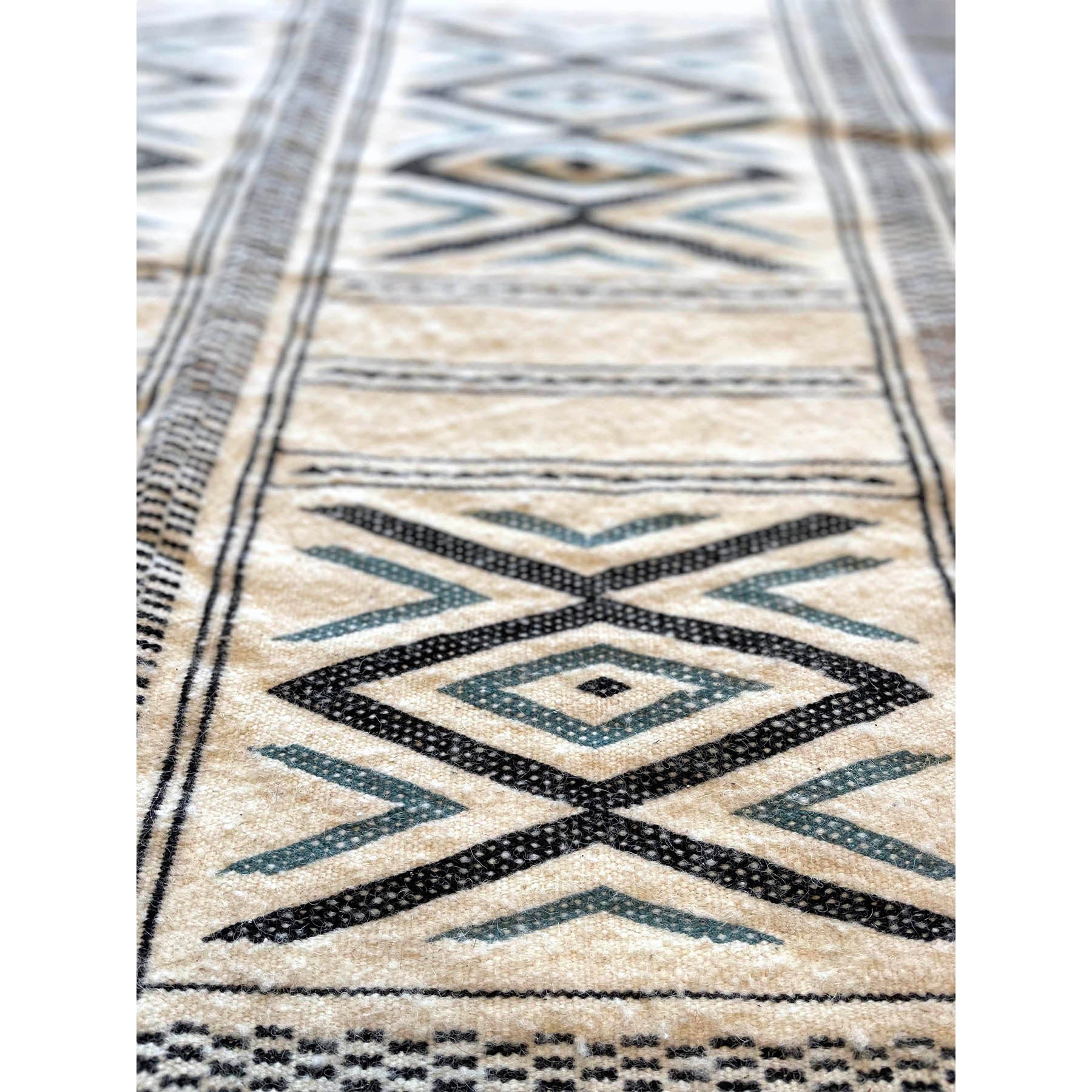 Small Moroccan kilim throw rug in black, white, and blue - Kantara | Moroccan Rugs