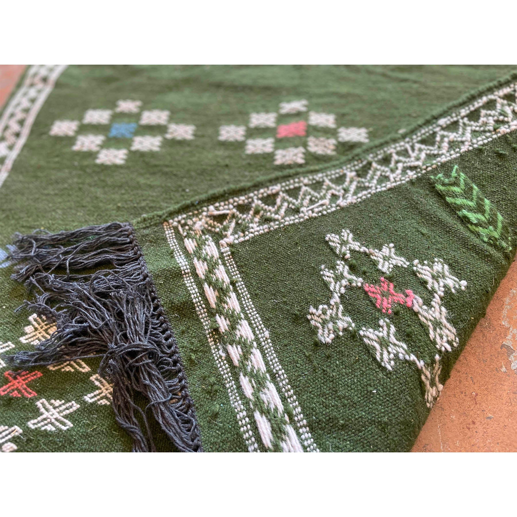 Olive green Moroccan kilim throw rug - Kantara | Moroccan Rugs