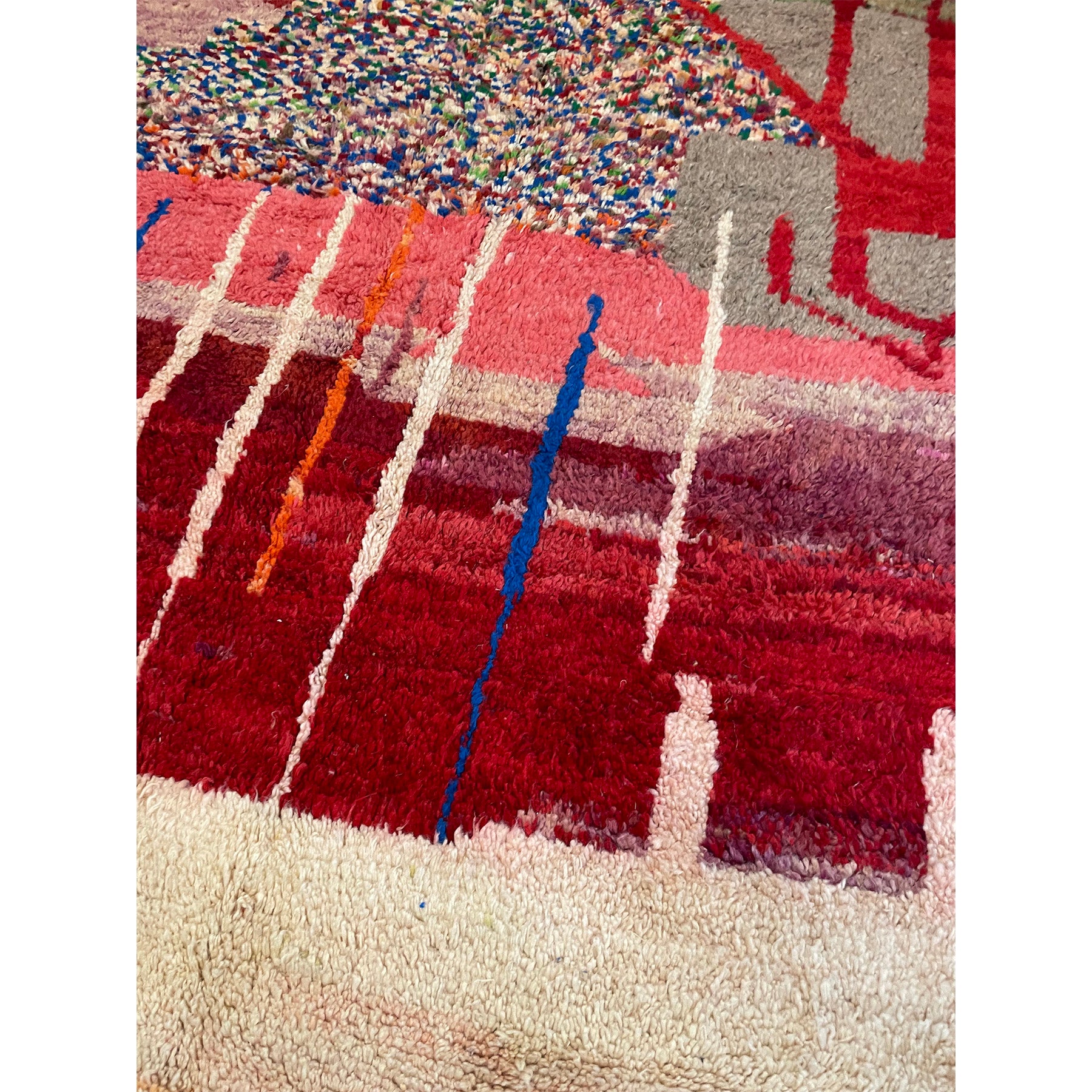 Red, blue, and purple Moroccan pile rug with abstract design - Kantara | Moroccan Rugs