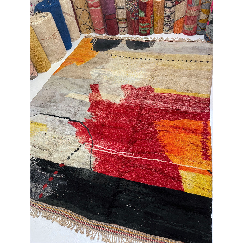 Oversized Moroccan rug in red, yellow, orange, grey, and black - Kantara | Moroccan Rugs