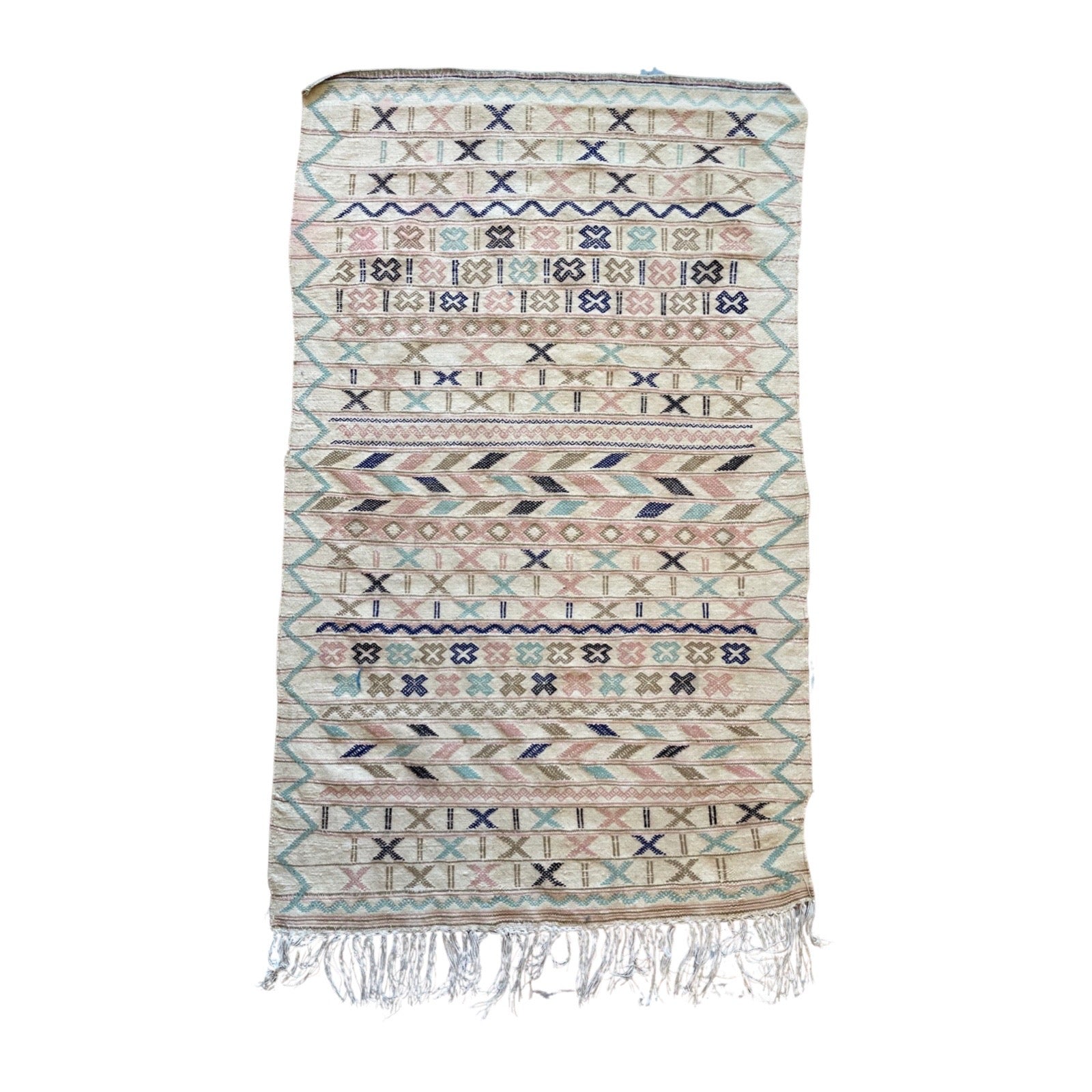 White, pink, and blue vintage Moroccan flatweave rug - Kantara | Moroccan Rugs